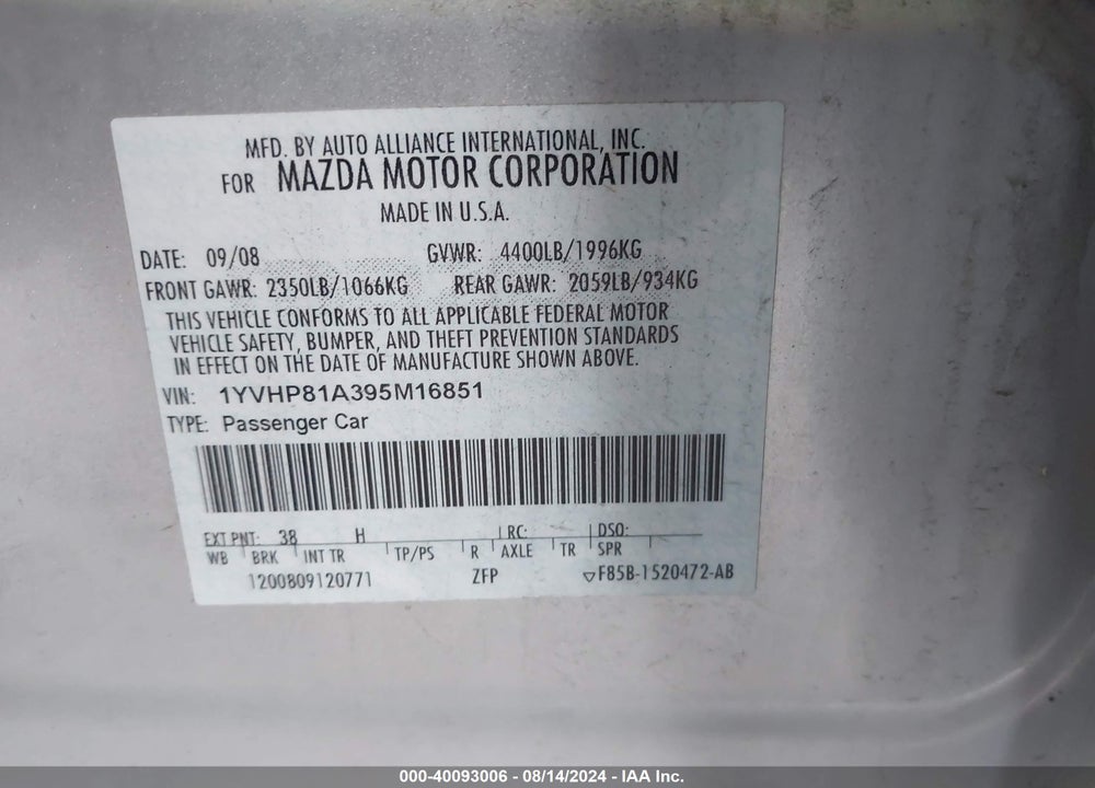 2009 MAZDA 6 I SPORT VIN: 1YVHP81A395M16851