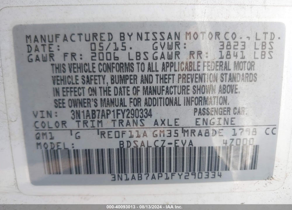 2015 NISSAN SENTRA S VIN: 3N1AB7AP1FY290334