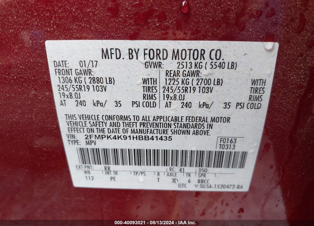 2017 FORD EDGE TITANIUM VIN: 2FMPK4K91HBB41435