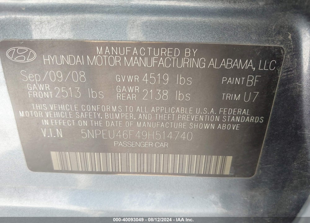 2009 HYUNDAI SONATA LIMITED V6 VIN: 5NPEU46F49H514740