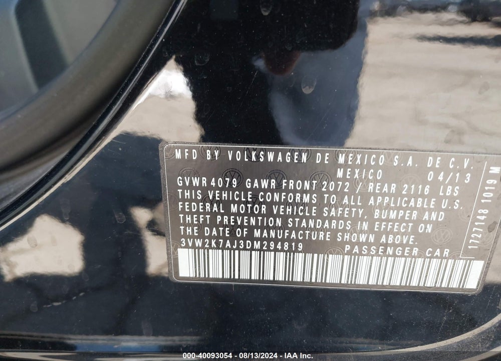 2013 VOLKSWAGEN JETTA 2.0L S VIN: 3VW2K7AJ3DM294819