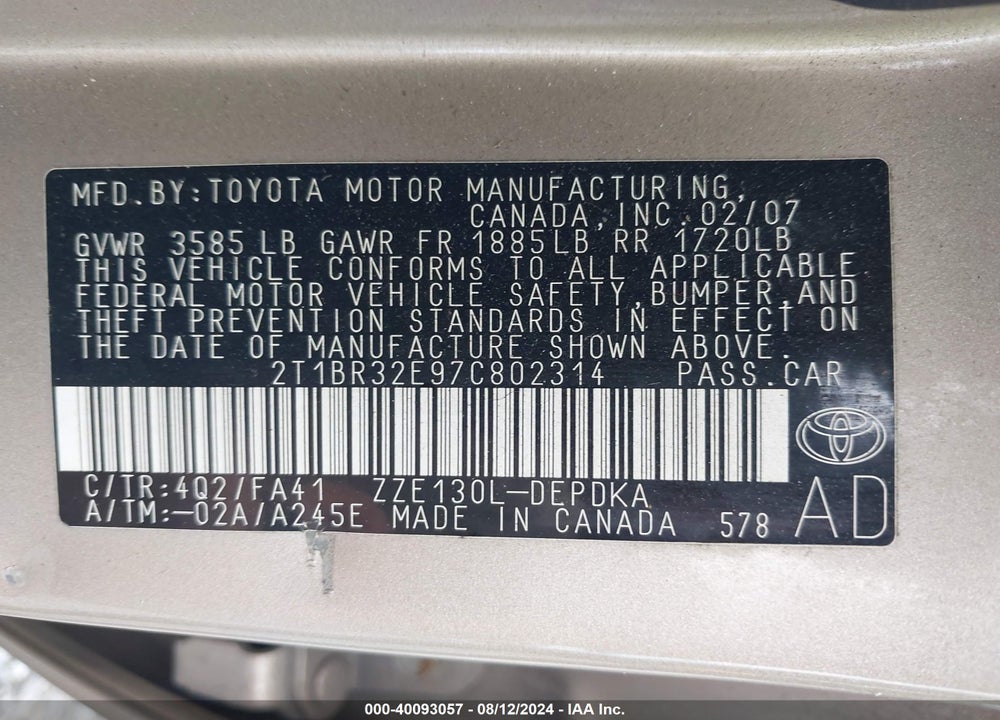 2007 TOYOTA COROLLA CE VIN: 2T1BR32E97C802314