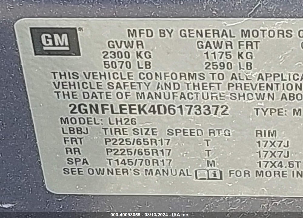2013 CHEVROLET EQUINOX 1LT VIN: 2GNFLEEK4D6173372