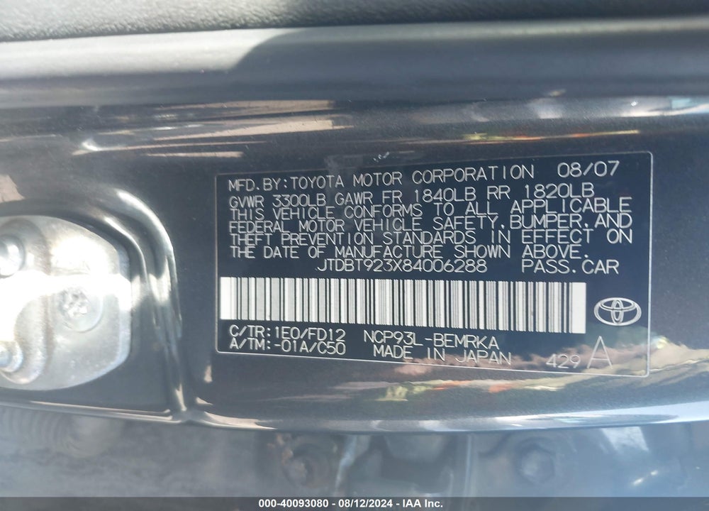 2008 TOYOTA YARIS VIN: JTDBT923X84006288