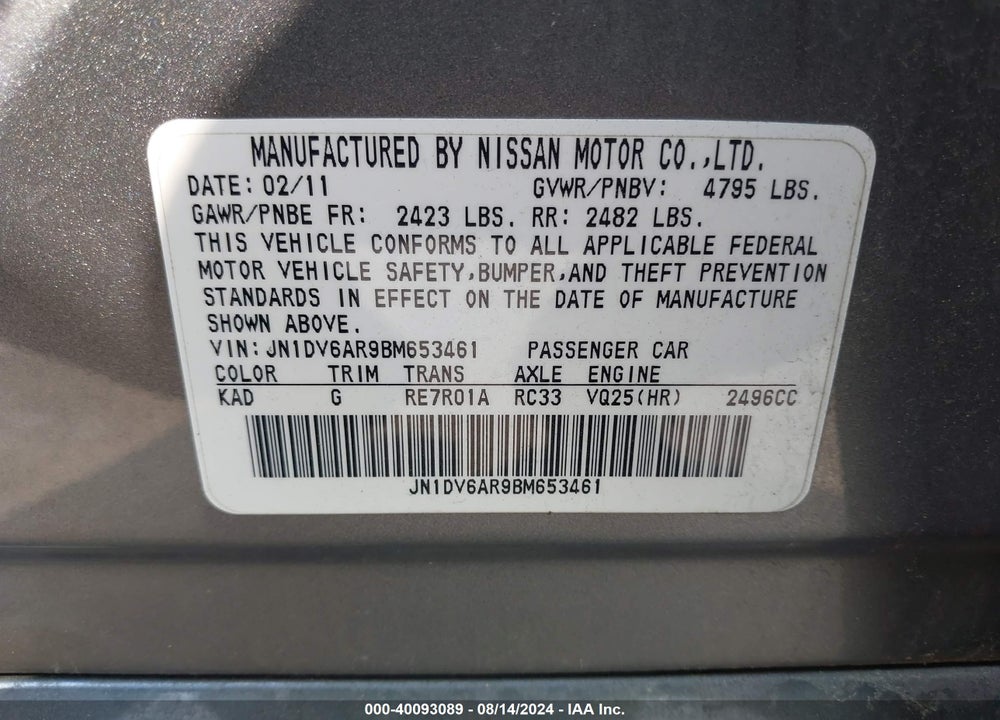 2011 INFINITI G25X VIN: JN1DV6AR9BM653461