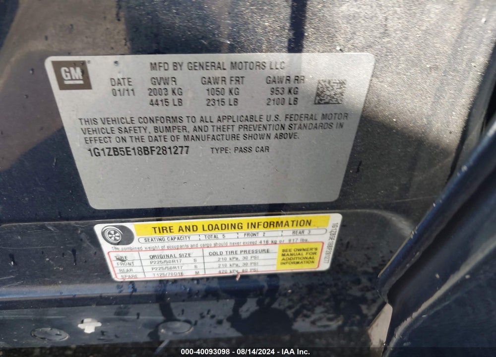 2011 CHEVROLET MALIBU LS VIN: 1G1ZB5E18BF281277