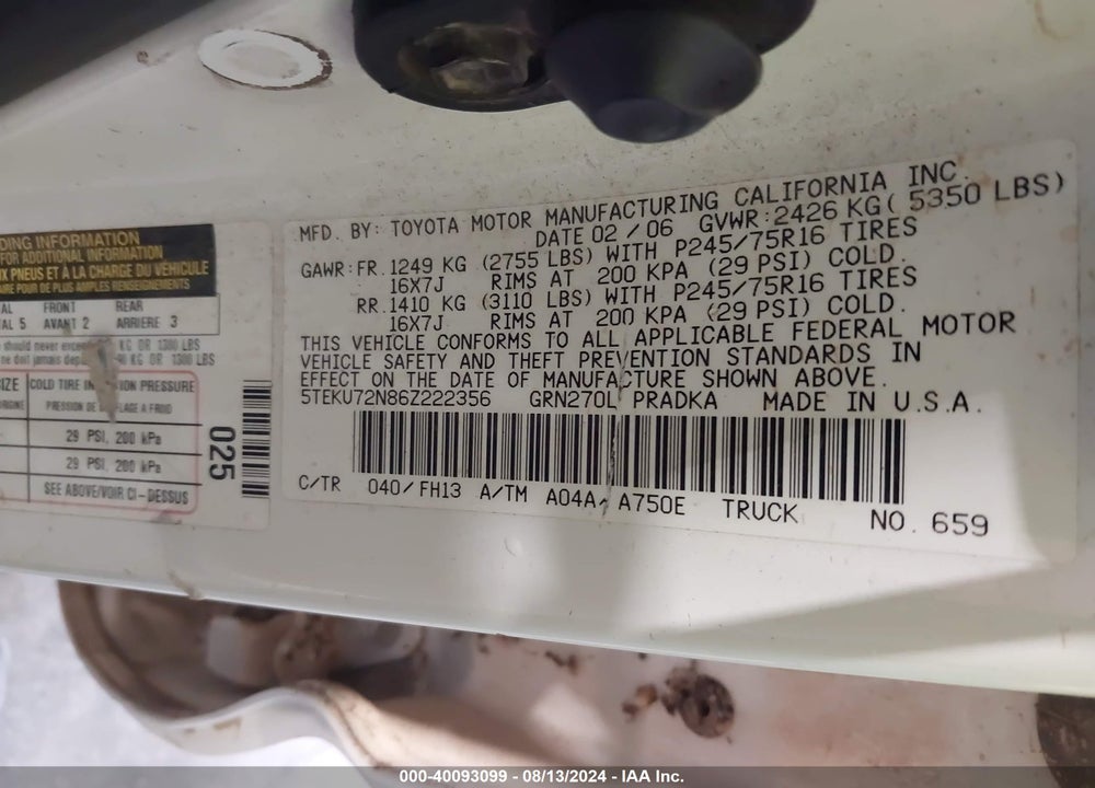 2006 TOYOTA TACOMA PRERUNNER V6 VIN: 5TEKU72N86Z222356