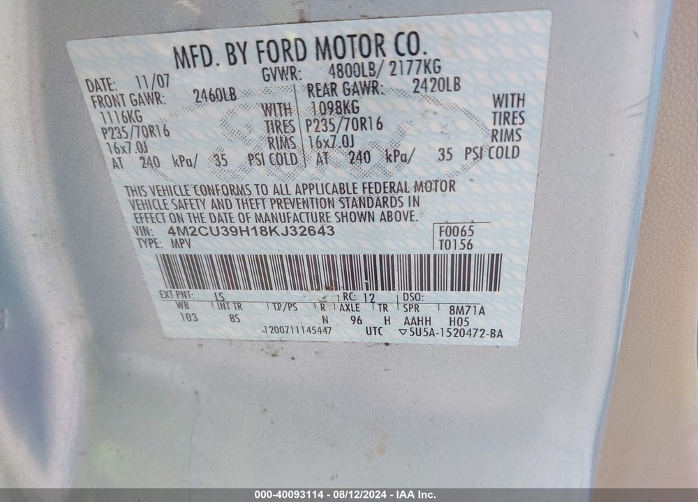 2008 MERCURY MARINER HYBRID VIN: 4M2CU39H18KJ32643