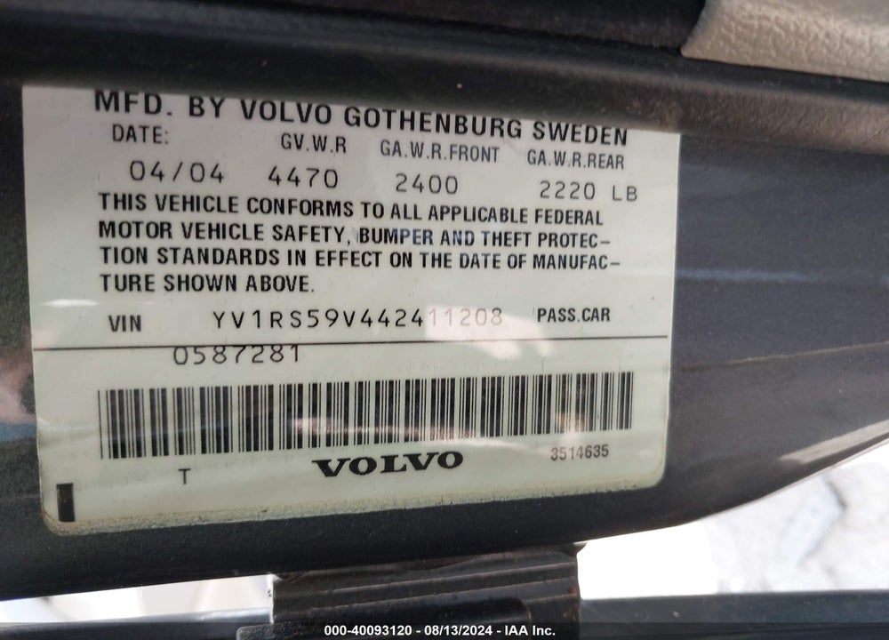 2004 VOLVO S60 2.5T VIN: YV1RS59V442411208
