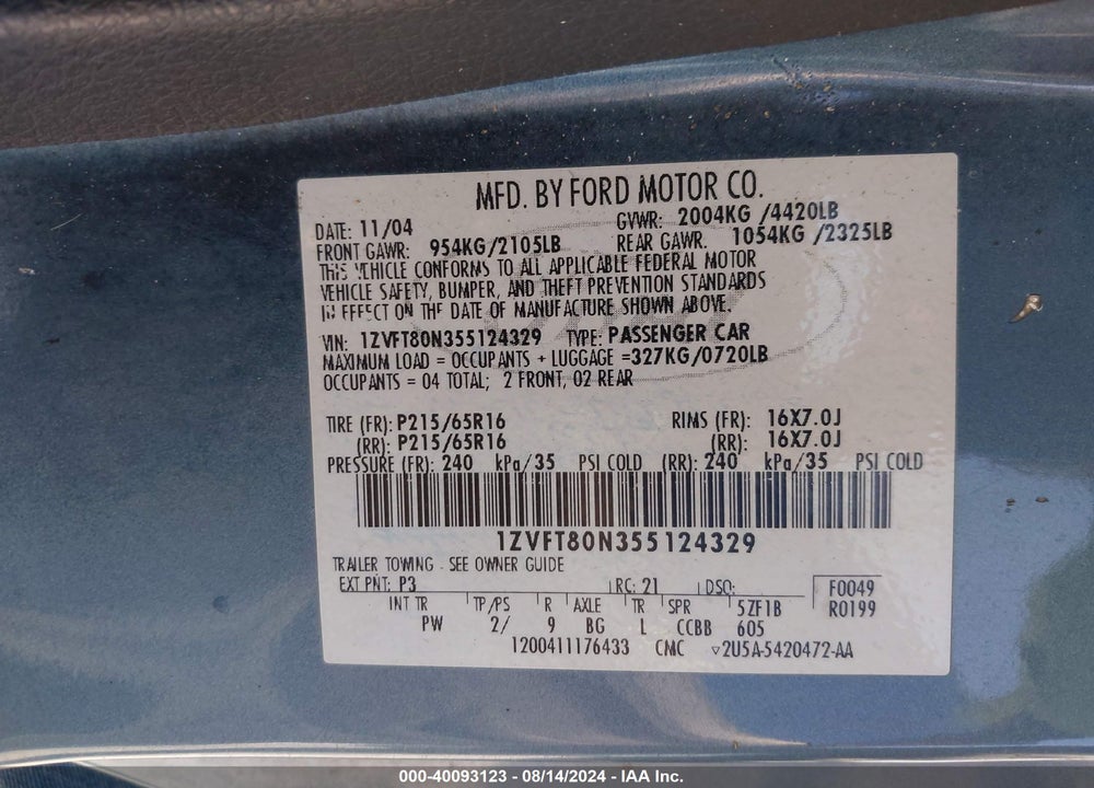 2005 FORD MUSTANG V6 DELUXE/V6 PREMIUM VIN: 1ZVFT80N355124329