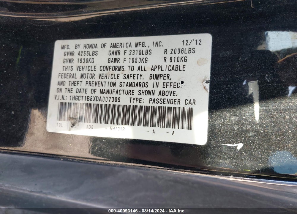 2013 HONDA ACCORD EX-L VIN: 1HGCT1B8XDA007309