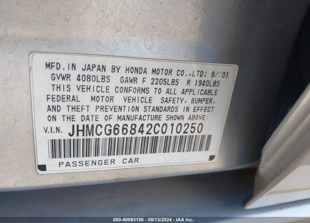 2002 HONDA ACCORD 2.3 EX/2.3 SE VIN: JHMCG66842C010250