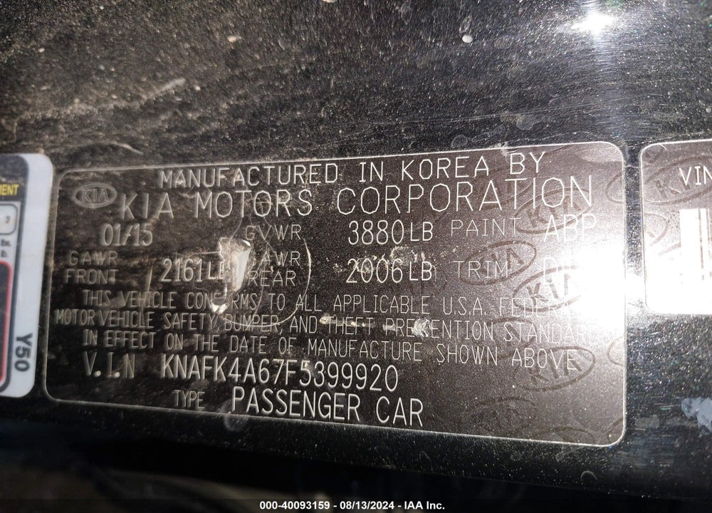 2015 KIA FORTE LX VIN: KNAFK4A67F5399920