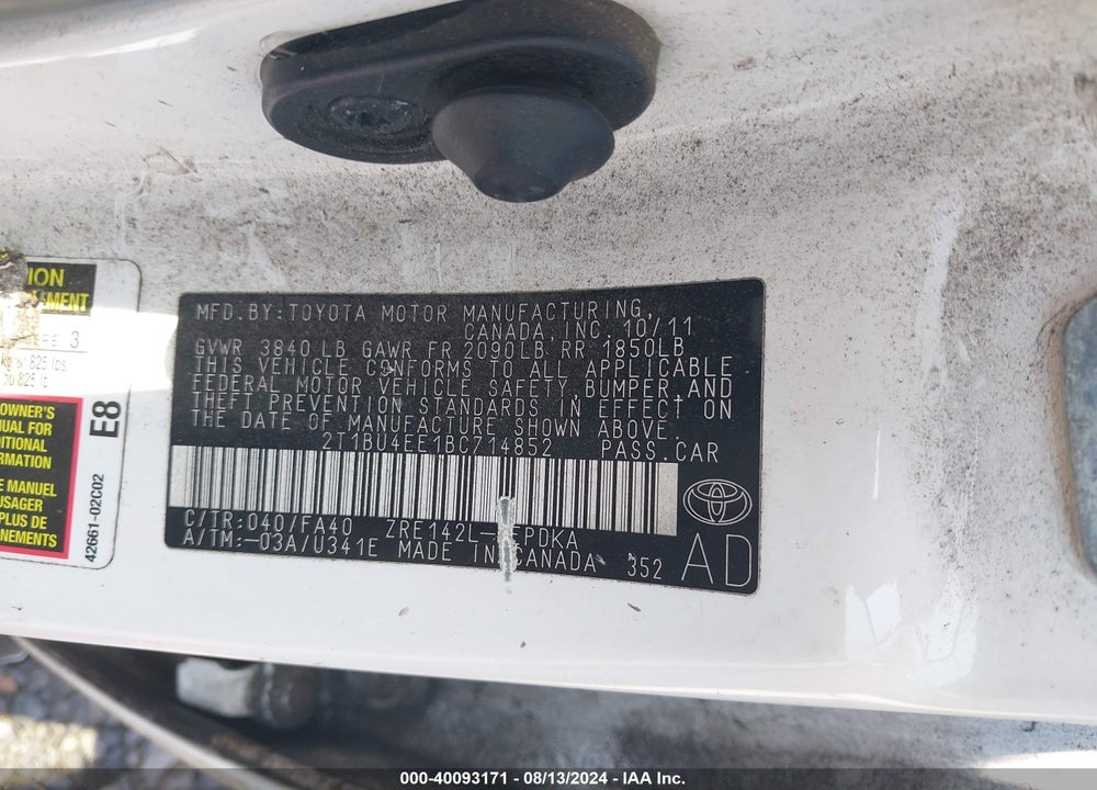 2011 TOYOTA COROLLA VIN: 2T1BU4EE1BC714852