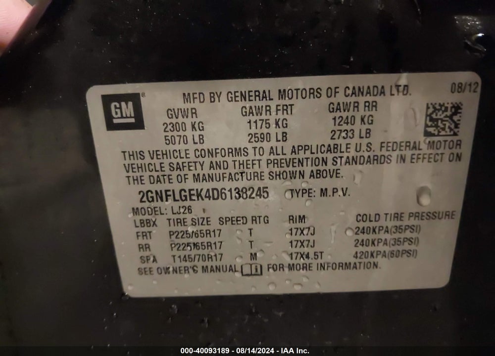 2013 CHEVROLET EQUINOX LTZ VIN: 2GNFLGEK4D6138245