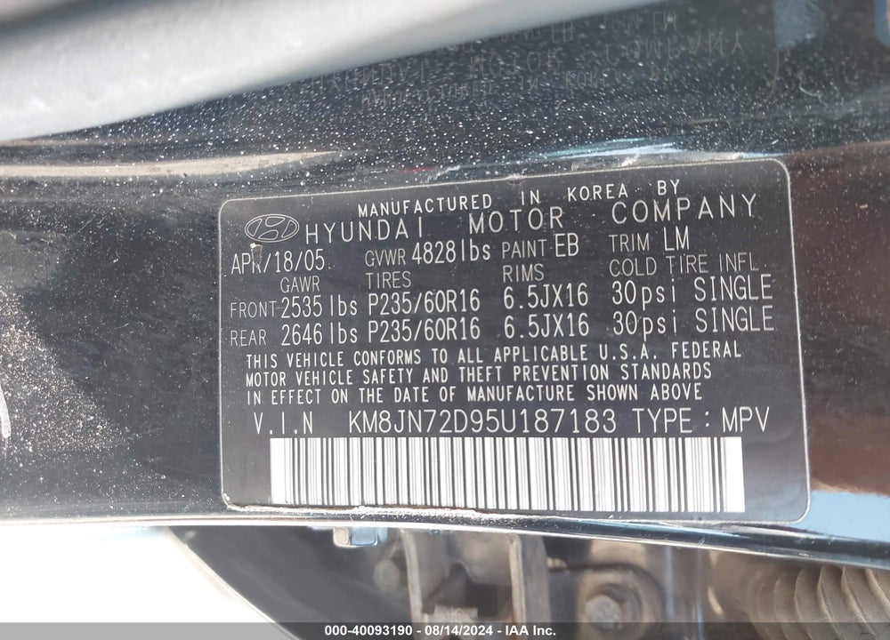 2005 HYUNDAI TUCSON GLS/LX VIN: KM8JN72D95U187183