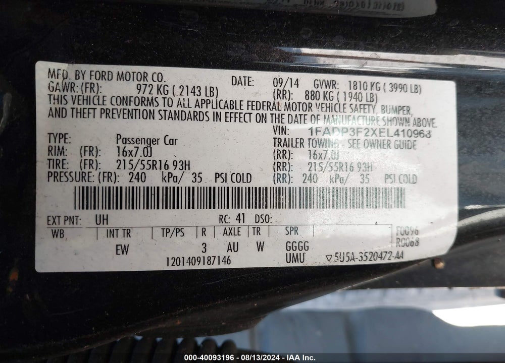 2014 FORD FOCUS VIN: 1FADP3F2XEL410968