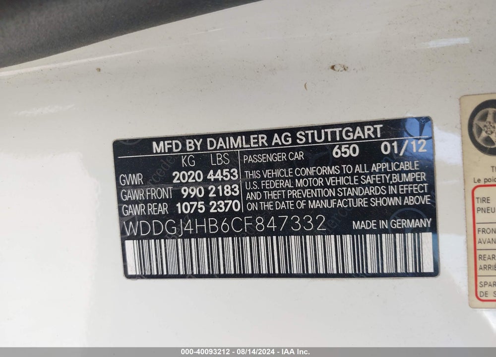 2012 MERCEDES-BENZ C 250 VIN: WDDGJ4HB6CF847332