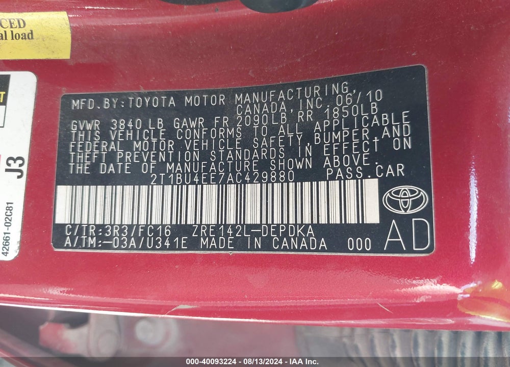 2010 TOYOTA COROLLA LE VIN: 2T1BU4EE7AC429880