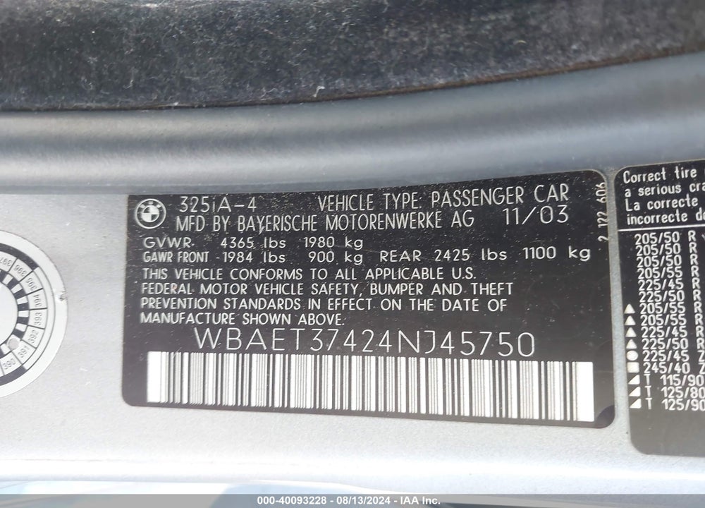 2004 BMW 325I VIN: WBAET37424NJ45750