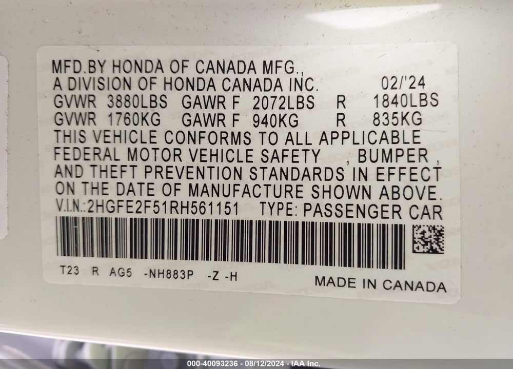 2024 HONDA CIVIC SPORT VIN: 2HGFE2F51RH561151