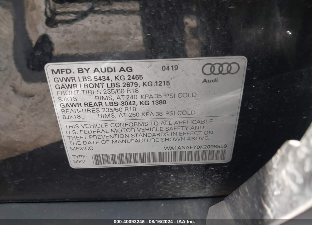 2019 AUDI Q5 45 PREMIUM VIN: WA1ANAFY0K2098859