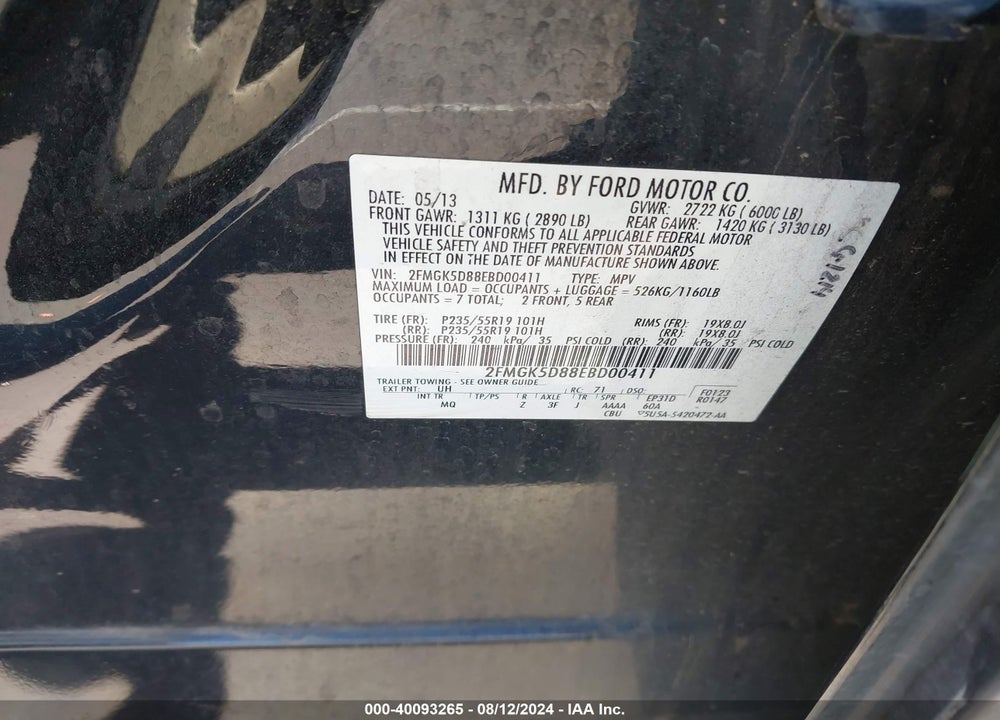 2014 FORD FLEX LIMITED VIN: 2FMGK5D88EBD00411