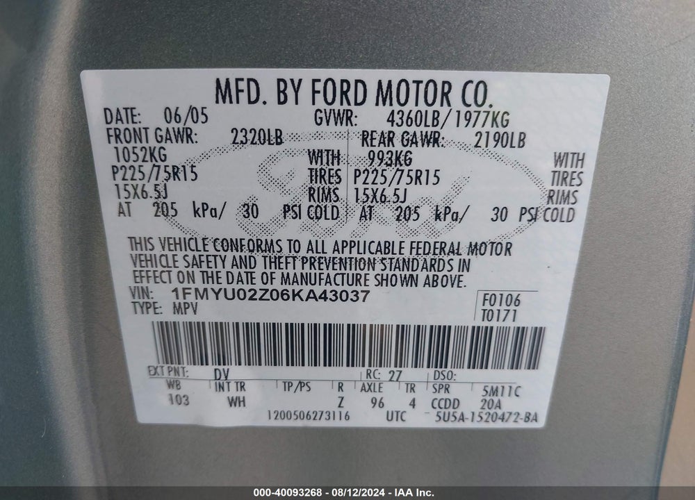 2006 FORD ESCAPE XLS/XLS MANUAL VIN: 1FMYU02Z06KA43037