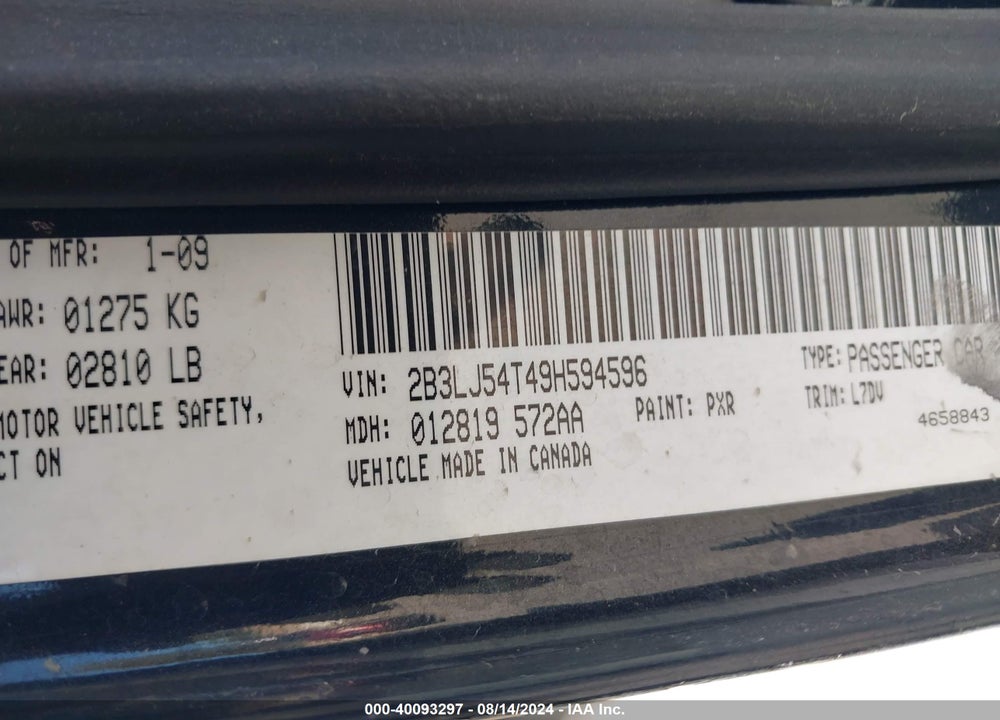 2009 DODGE CHALLENGER R/T VIN: 2B3LJ54T49H594596