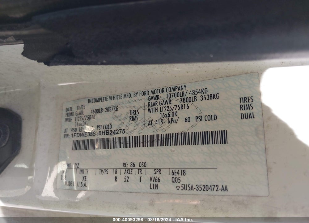 2006 FORD E-350 CUTAWAY VIN: 1FDWE35S36HB24275
