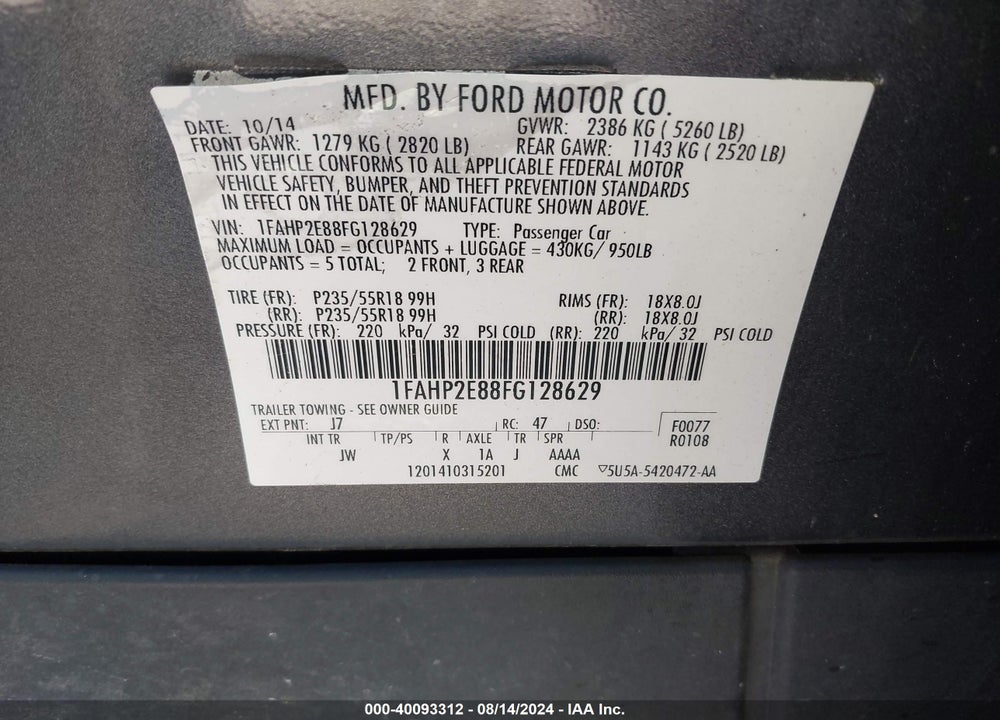 2015 FORD TAURUS SEL VIN: 1FAHP2E88FG128629
