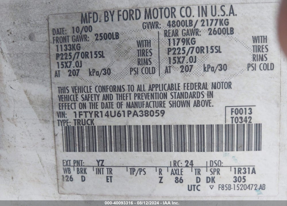 2001 FORD RANGER VIN: 1FTYR14U61PA38059