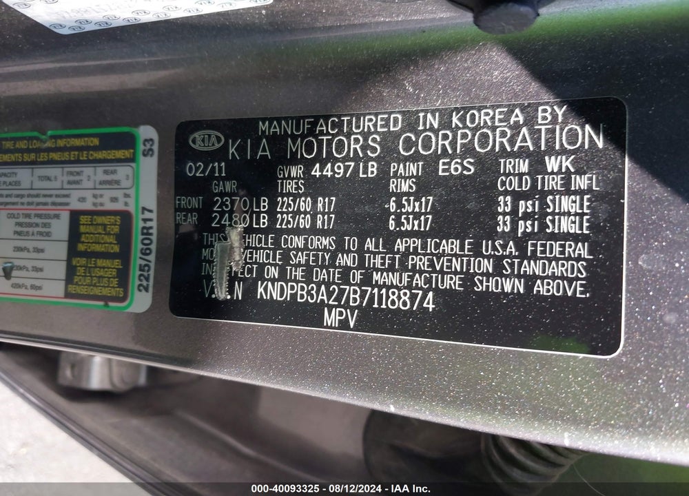 2011 KIA SPORTAGE LX VIN: KNDPB3A27B7118874