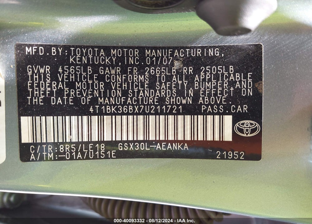 2007 TOYOTA AVALON TOURING VIN: 4T1BK36BX7U211721