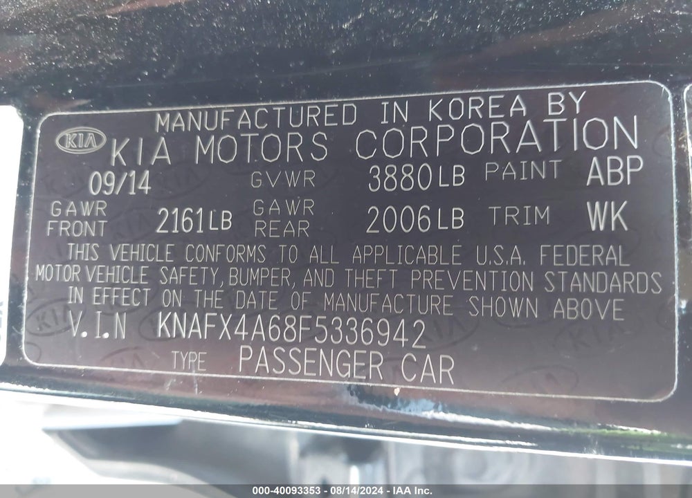 2015 KIA FORTE LX VIN: KNAFX4A68F5336942