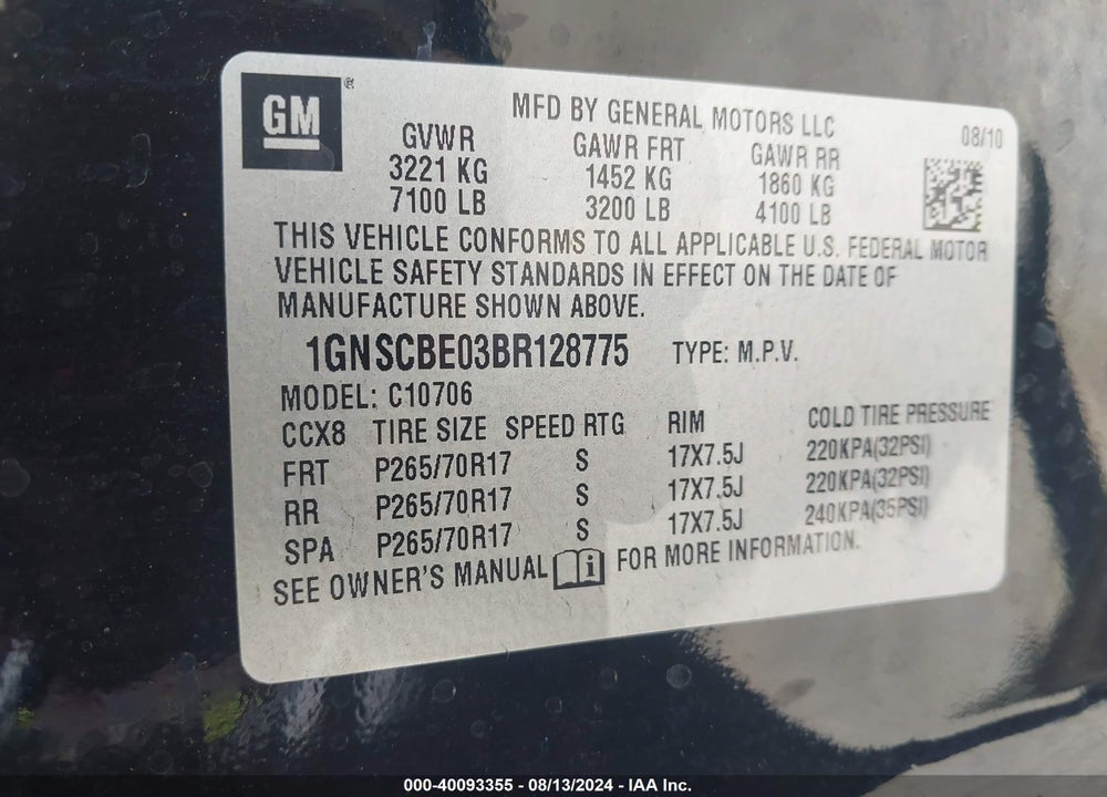 2011 CHEVROLET TAHOE LT VIN: 1GNSCBE03BR128775