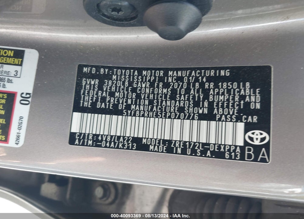 2014 TOYOTA COROLLA LE ECO/LE ECO PLUS/LE ECO PREMIUM VIN: 5YFBPRHE5EP070776