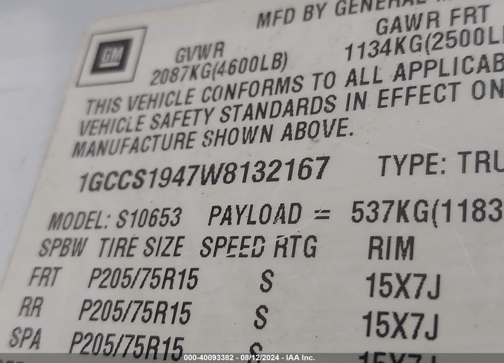 1998 CHEVROLET S-10 LS FLEETSIDE VIN: 1GCCS1947W8132167