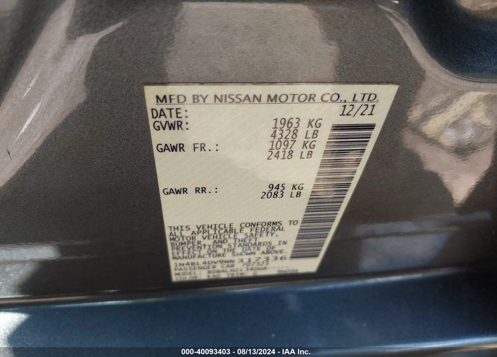 2022 NISSAN ALTIMA SV FWD VIN: 1N4BL4DV9NN317336