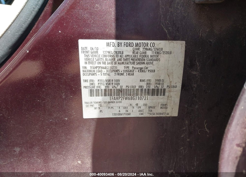 2011 FORD TAURUS LIMITED VIN: 1FAHP2FW6BG110721