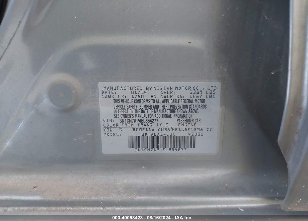 2014 NISSAN VERSA 1.6 S+ VIN: 3N1CN7AP4EL854277
