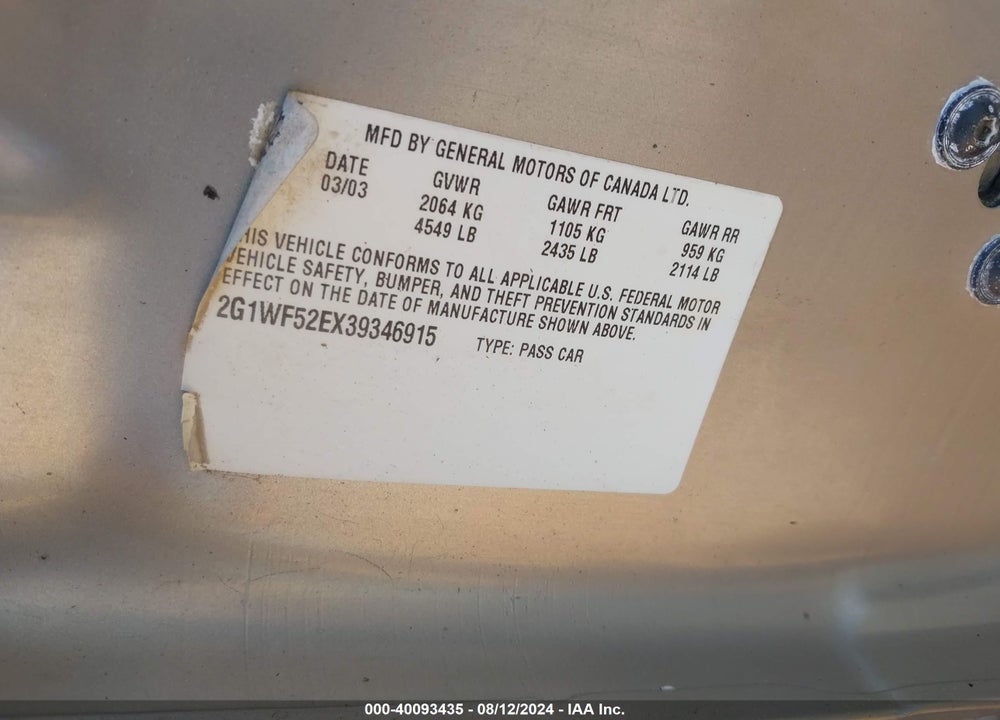 2003 CHEVROLET IMPALA VIN: 2G1WF52EX39346915