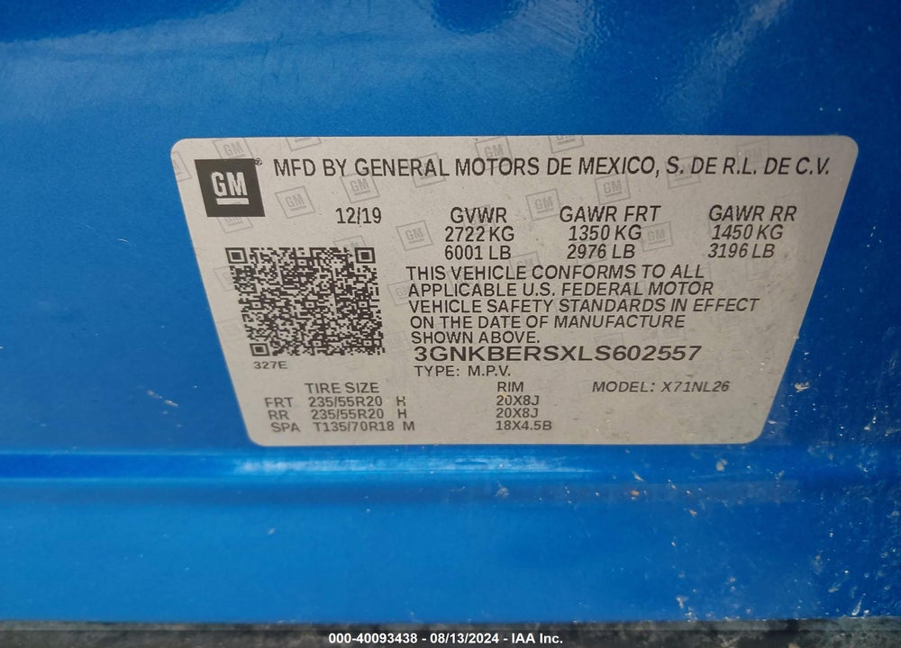 2020 CHEVROLET BLAZER FWD RS VIN: 3GNKBERSXLS602557