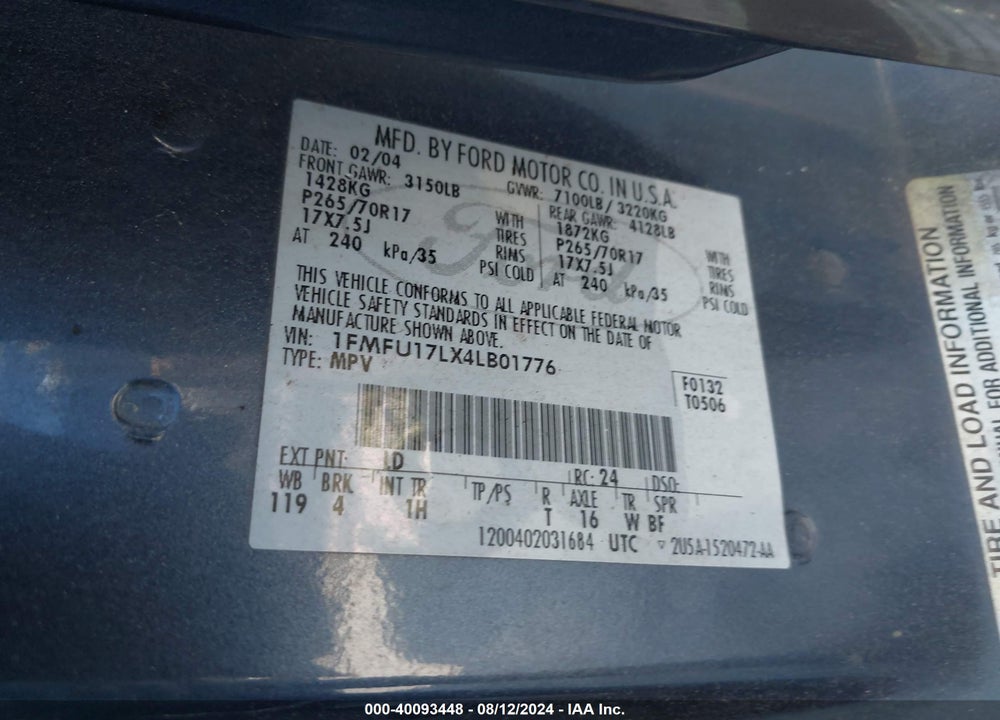 2004 FORD EXPEDITION EDDIE BAUER VIN: 1FMFU17LX4LB01776