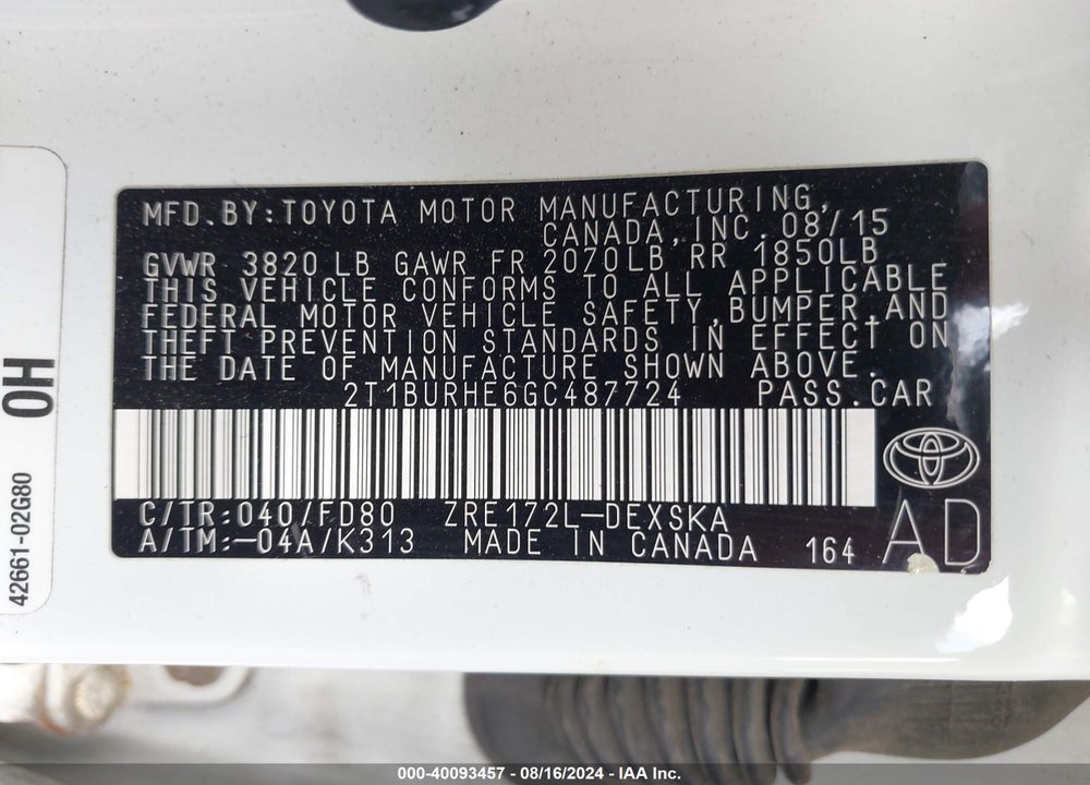 2016 TOYOTA COROLLA S PLUS VIN: 2T1BURHE6GC487724