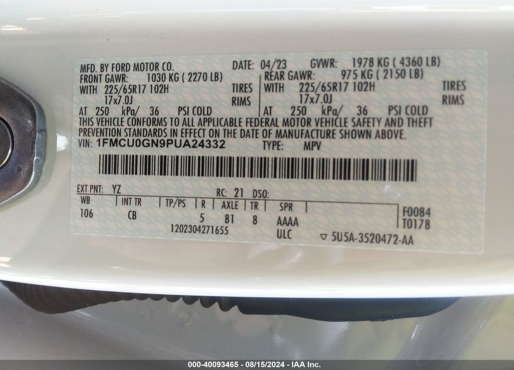 2023 FORD ESCAPE ACTIVE VIN: 1FMCU0GN9PUA24332