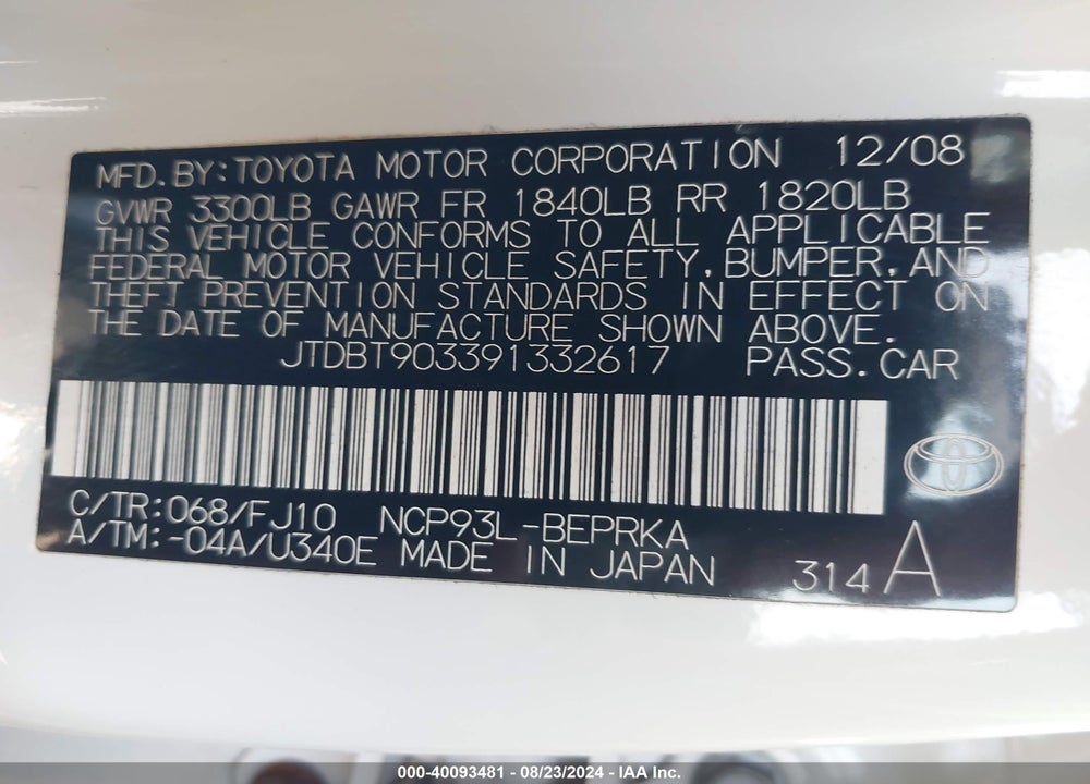 2009 TOYOTA YARIS VIN: JTDBT903391332617