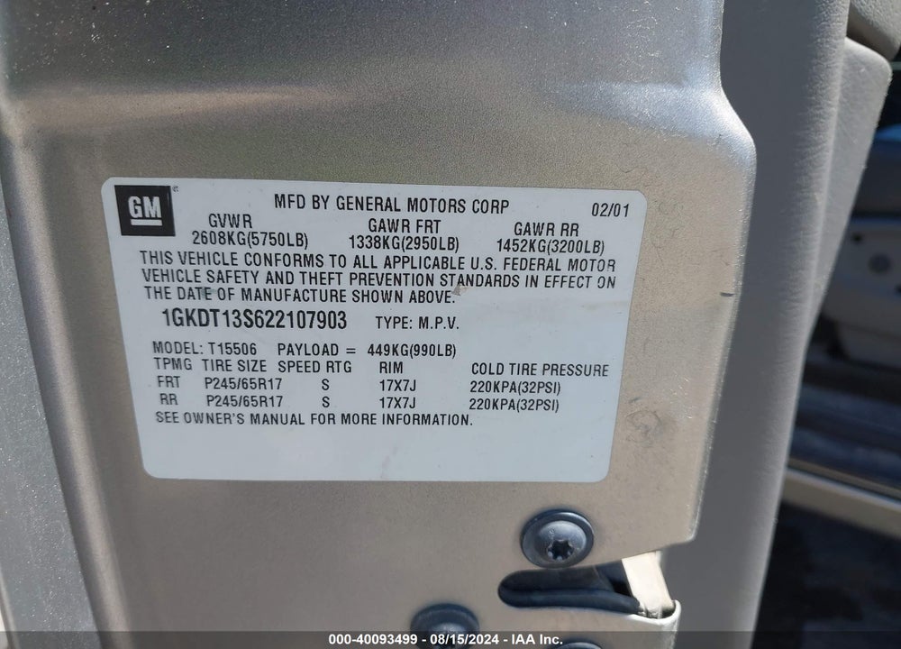2002 GMC ENVOY SLT VIN: 1GKDT13S622107903