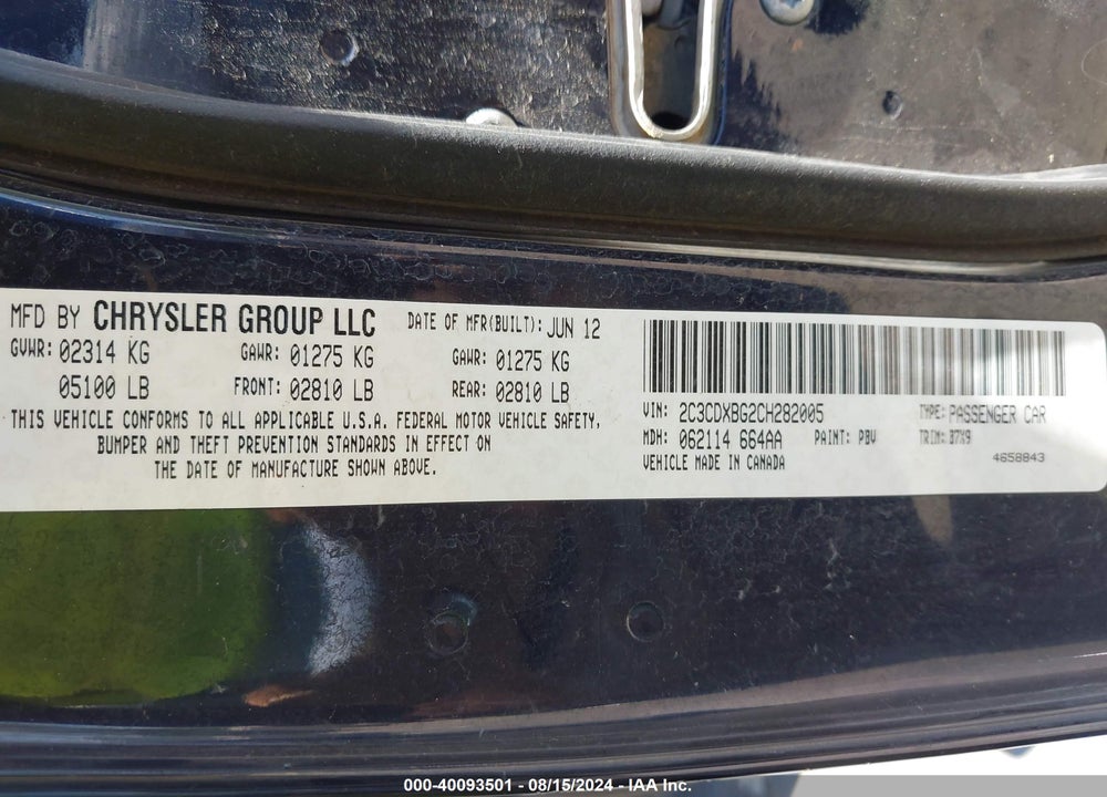2012 DODGE CHARGER SE VIN: 2C3CDXBG2CH282005