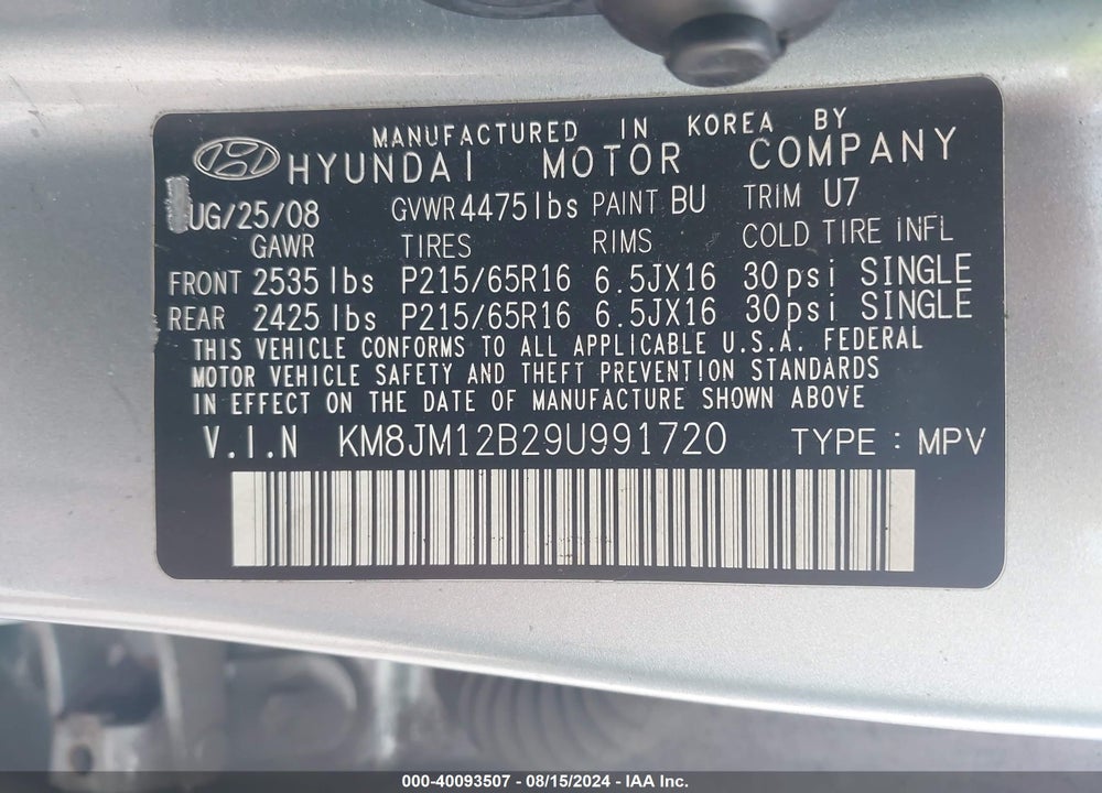 2009 HYUNDAI TUCSON GLS VIN: KM8JM12B29U991720
